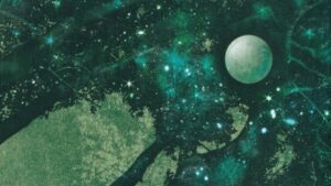 Detail of The Word for World is Forest cover art showing night sky through trees