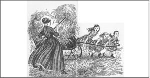 A Little Woman's Utopia: illustration by Flora Smith showing the gathering in of the harvest at Fruitlands