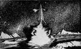 Black and white illustration from Gulf by Robert Heinlein showing a rocket blasting off from a crater marked moonscape