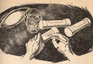 Black and white illustration from Gulf by Robert Heinlein showing a pair of hands holding and writing on what looks a cannister that will be sent along a pneumatic tube, with a skull floating behind on a black background. Sinister.