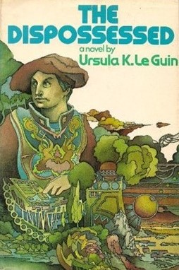Retro cover art for Le Guin's The Dispossessed, the novel in which the utopian language of Pravic is invented.